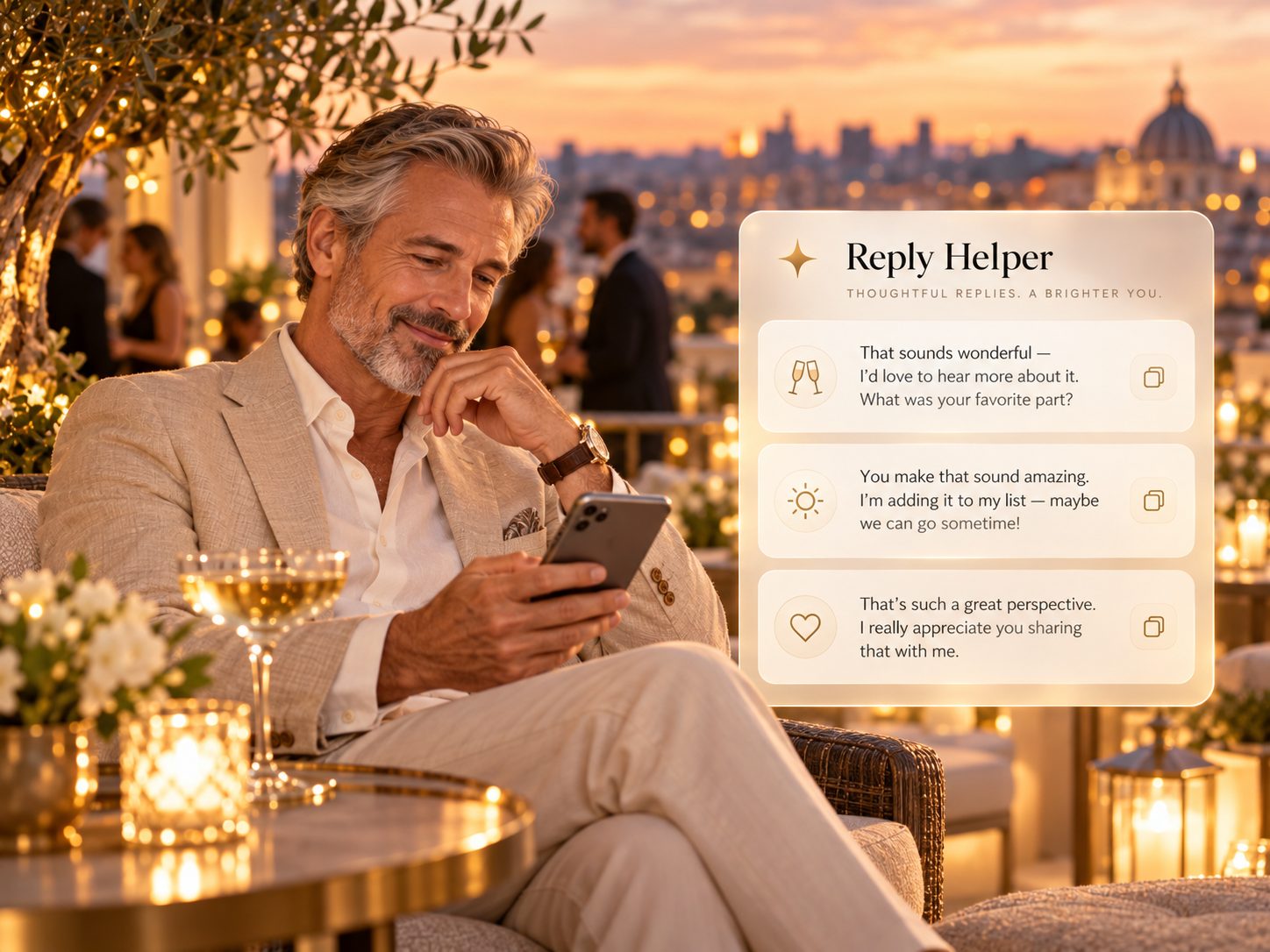 A man smiling at his phone on a sunset terrace, beside Reply Helper suggestions