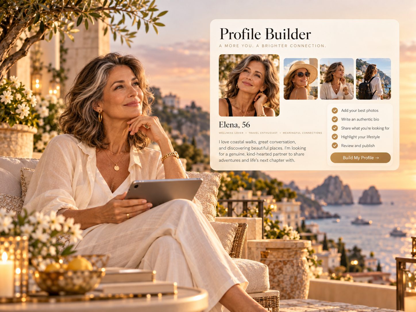 A woman on a Mediterranean terrace with a tablet, beside a Profile Builder preview