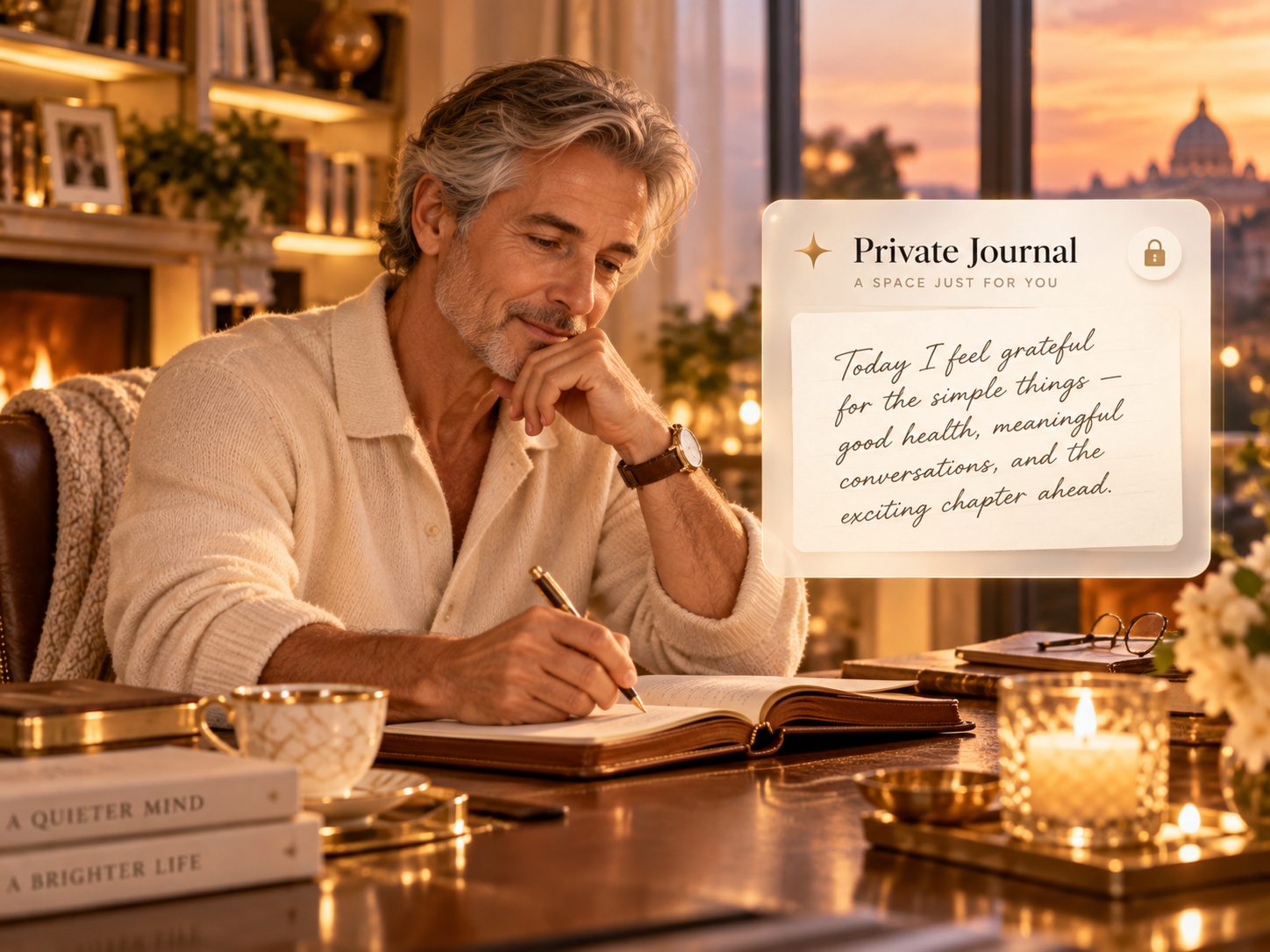 A man writing at a desk by the fire, beside a Private Journal note