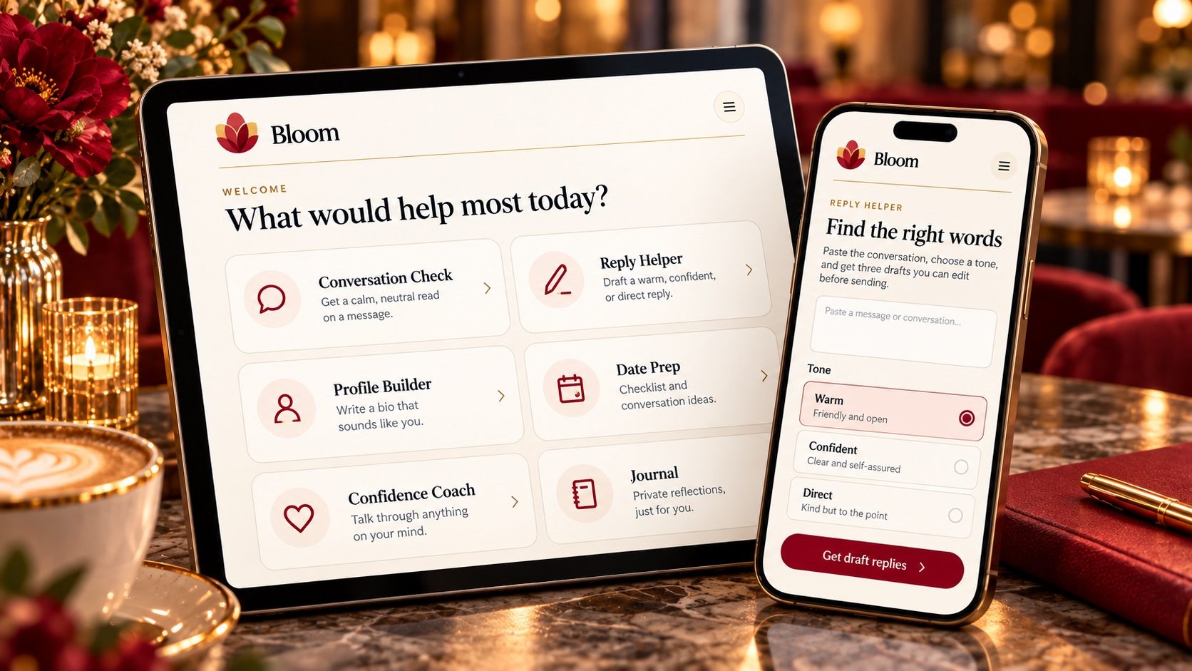 Bloom's dashboard on a tablet and the Reply Helper screen on a phone, resting on a marble café table beside a candle and red roses