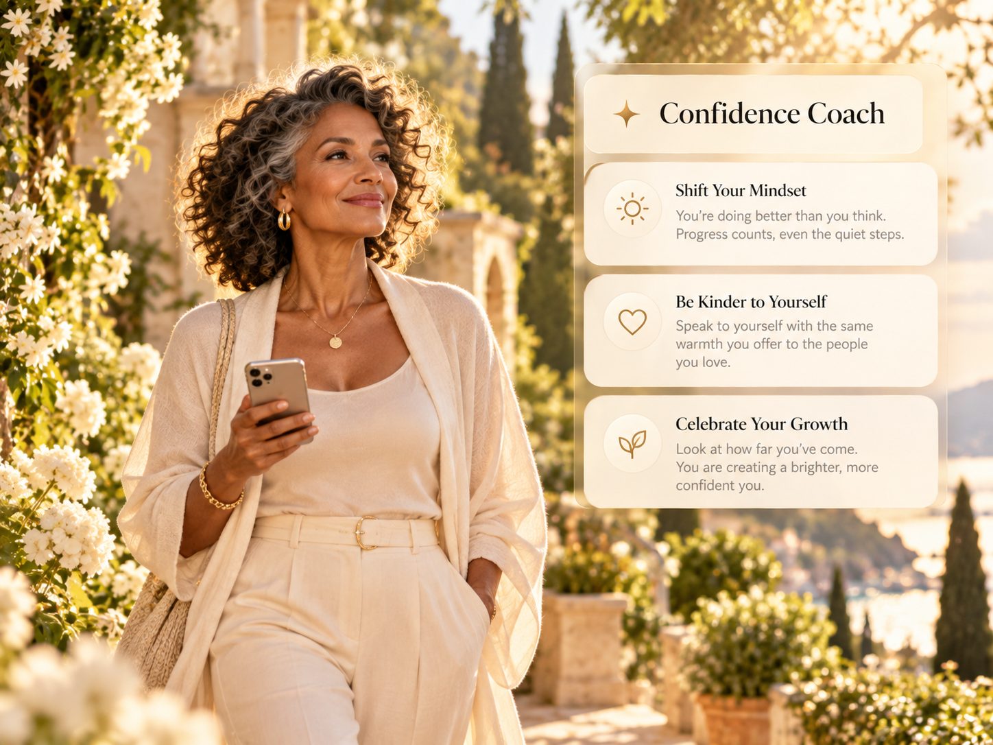 A woman walking through a sunny garden, beside Confidence Coach encouragement