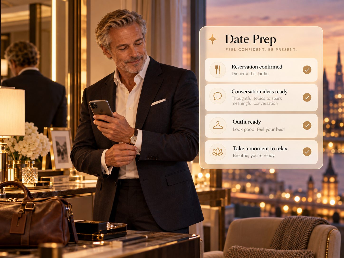 A man getting ready for an evening out, beside a Date Prep checklist